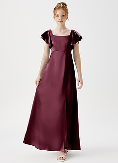 Azazie Bondi Junior Cabernet A-Line Side Slit Metallic Satin Dress image4