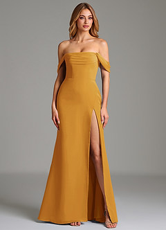 Azazie Riley Bridesmaid Dresses Butterscotch Sheath Off the Shoulder Chiffon Convertible Dress image4