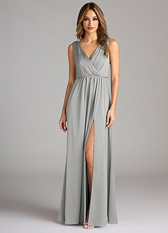 Azazie Tanicia Bridesmaid Dresses Silver A-Line Pleated Stretch Satin Dress image3