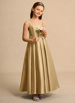 Azazie Mochi Girls Formal vestidos de niña de las flores Vestido de Oro de Satin Mate de Corte Princesa con Plisado image4