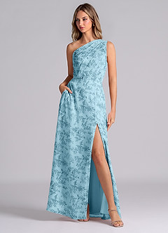 Azazie Phaedra Bridesmaid Dresses Blue Fern Floral A-Line One Shoulder Chiffon Dress image3