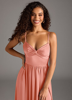 Azazie Zeya Bridesmaid Dresses Coral A-Line Pleated Stretch Satin Dress image3