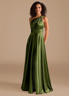 Azazie Charlize Robes de demoiselle d'honneur Robe Trapèze en Satiné métallisé Ue épaule Olive image1