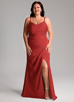 Azazie Deandra Bridesmaid Dresses Pomegranate Mermaid Pleated Stretch Satin Dress image9