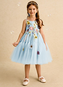 Azazie Osea Robe Demoiselle D'honneur Fillette Robe Princesse en Tulle Plissée Bleu Ciel image3