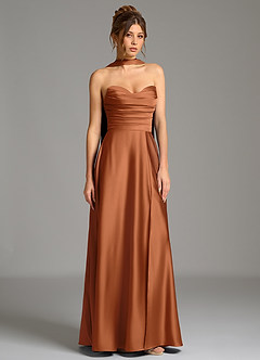 Azazie Ayla Vestidos de damas de honor Vestido de Cobre de Satén Elástico de Corte en A con Corsé image4