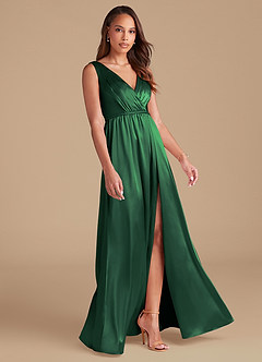 Azazie Tanicia Bridesmaid Dresses Dark Green A-Line Pleated Metallic Satin Dress image4