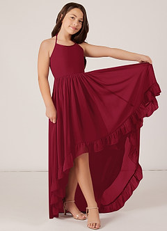 Azazie Sarafina Junior Burgundy A-Line Lace Chiffon Dress image4