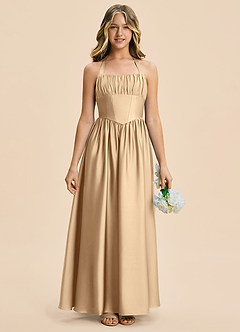 Azazie Kyrie Junior Jurk van Stretch Satijn met A-Lijn Geplooide Champagne image6