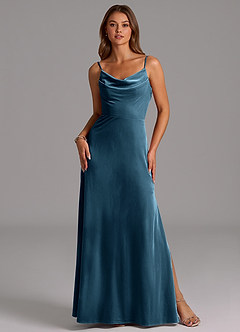Azazie Olaine Bridesmaid Dresses Blue Topaz A-Line Pleated Velvet Dress image3