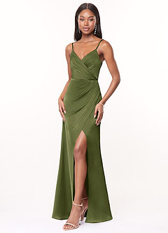 Azazie Maci Brautjungfernkleider A-Linie V-Hals Gefaltet Stretch-Satin Kleid Olivgrün image3