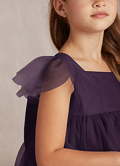 Azazie Kalio Flower Girl Dresses Plum A-Line with Sleeves Tulle Dress image3