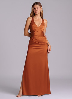 Azazie Amelie Bridesmaid Dresses Cinnamon A-Line Pleated Stretch Satin Dress image4