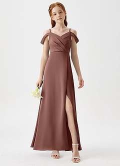 Azazie Ocean Junior Espresso A-Line Off the Shoulder Stretch Satin Dress image4