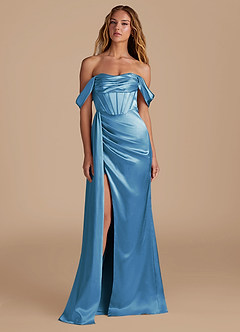 Azazie Amyra Bridesmaid Dresses Steel Blue Mermaid Sweetheart Neckline Metallic Satin Convertible Dress image4