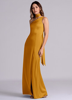 Azazie Philana Bridesmaid Dresses Butterscotch A-Line One Shoulder Stretch Satin Dress image6