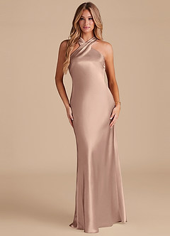 Azazie Doretta Bridesmaid Dresses Taupe Mermaid Bow Metallic Satin Dress image1