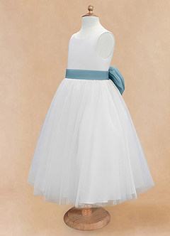 Azazie Kavi Flower Girl Dresses Ivory Moody Blue A-Line Bow Matte Satin Dress image9