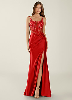 Zahara Rouge Robe de bal sirène corset en dentelle à col en V image1