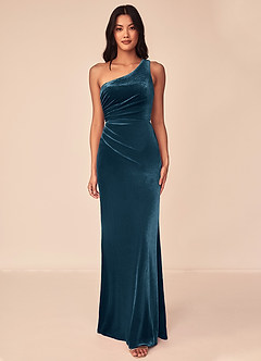 Azazie Argan Vestidos de damas de honor Vestido de Topacio Azul de terciopelo de Corte en A con Plisado con un hombro image1