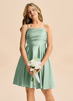 Azazie Miko Junior A라인 주름진 스트레치 새틴 미니 주니어 신부 들러리 드레스 image6