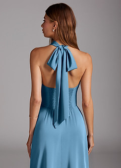 Azazie Myra Bridesmaid Dresses Steel Blue A-Line Side Slit Stretch Satin Dress image2