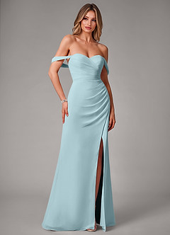 Azazie Haisley Bridesmaid Dresses Sea Glass Sheath Off the Shoulder Chiffon Convertible Dress image3