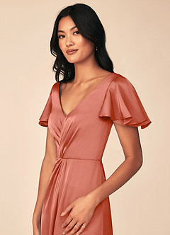 Azazie Soren Bridesmaid Dresses Salmon Pink A-Line Pleated Stretch Satin Dress image7