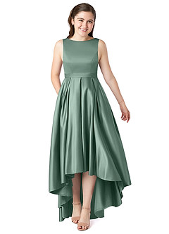 Azazie Inaya Junior Eucalyptus A-Line with Belt Stretch Satin Dress image1