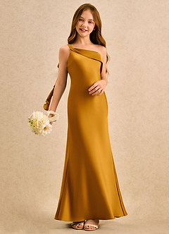 Azazie Almond Girls Formal Sukienki dla dziewczynek sypiących kwiaty Osłona Jedno ramię Satyna elastyczna Długość podłogi Sukienka image2