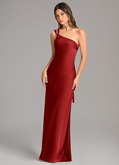 Azazie Monroe Bridesmaid Dresses Pomegranate Mermaid One Shoulder Stretch Satin Dress image3