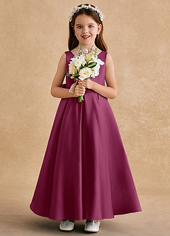 Azazie Honey Bear Flower Girl Dresses Mulberry A-Line Pleated Matte Satin Dress image3