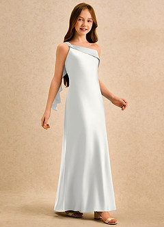 Azazie Almond Girls Formal Flower Girl Dresses White Sheath One Shoulder Stretch Satin Dress image5