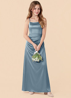 Azazie Renna Junior Dusty Blue A-Line Pleated Stretch Satin Dress image4