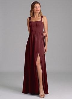 Azazie Rosaline Bridesmaid Dresses Cabernet A-Line Side Slit Stretch Satin Dress image4