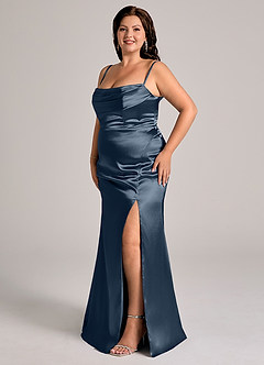 Azazie Saige Bridesmaid Dresses Dark Navy Sheath Off the Shoulder Metallic Satin Convertible Dress image13