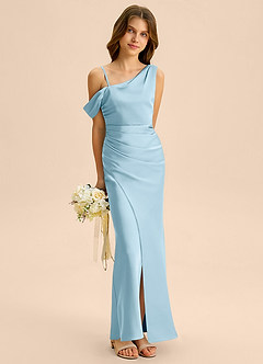 Azazie Madelyn Junior Abito Tubino in Raso Elasticizzato a Spalla Scoperta Azzurro image4