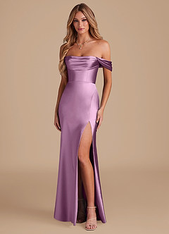 Azazie Saige Bridesmaid Dresses Wisteria A-Line Off the Shoulder Metallic Satin Convertible Dress image1