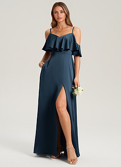 Azazie Jean At-home Try On Dresses Dark Navy A-Line Off the Shoulder Stretch Satin Dress image3