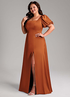 Azazie Fyona Bridesmaid Dresses Cinnamon A-Line Pleated Stretch Satin Dress image12