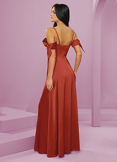 Barbie ♥ Azazie Bridesmaid Dresses Rust A-Line Off the Shoulder Stretch Satin Dress image2