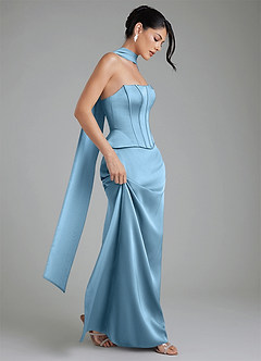 Azazie River At-home Try On Dresses Steel Blue Sheath Corset Stretch Satin Convertible Dress image13