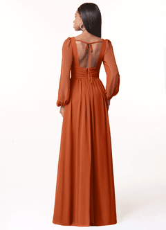 Azazie Norah Bridesmaid Dresses Burnt Orange A-Line V-Neck Long Sleeve Chiffon Dress image2