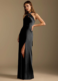 Azazie Tracie Final Sale Black A-Line Pleated Metallic Satin Dress image4