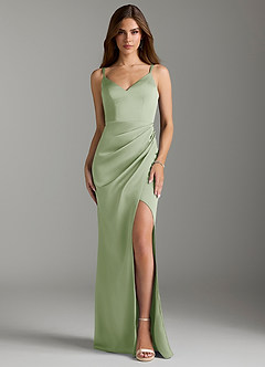 Azazie Leo Bridesmaid Dresses Dusty Sage Sheath Pleated Stretch Satin Dress image1