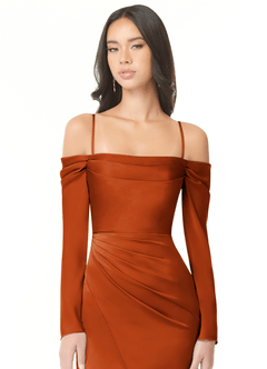 Azazie Hallie Jurken voor bruidsmeisjes Converteerbaar Jurk van Stretch Satijn met Kolom Off-the-shoulder lange mouw Verbrande Sinaasappel image2