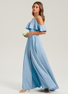 Azazie Jean Bridesmaid Dresses Powder Blue A-Line Off the Shoulder Stretch Satin Dress image5
