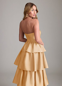 Azazie Faye Bridesmaid Dresses Gold A-Line Ruched Stretch Satin Dress image6