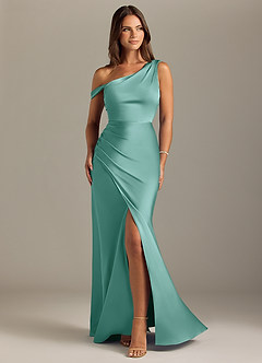 Azazie Madelyn Bridesmaid Dresses Aqua Mermaid Off the Shoulder Stretch Satin Convertible Dress image1
