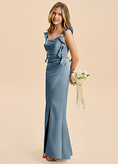Azazie Jessamine Junior Dusty Blue A-Line Ruched Stretch Satin Dress image7